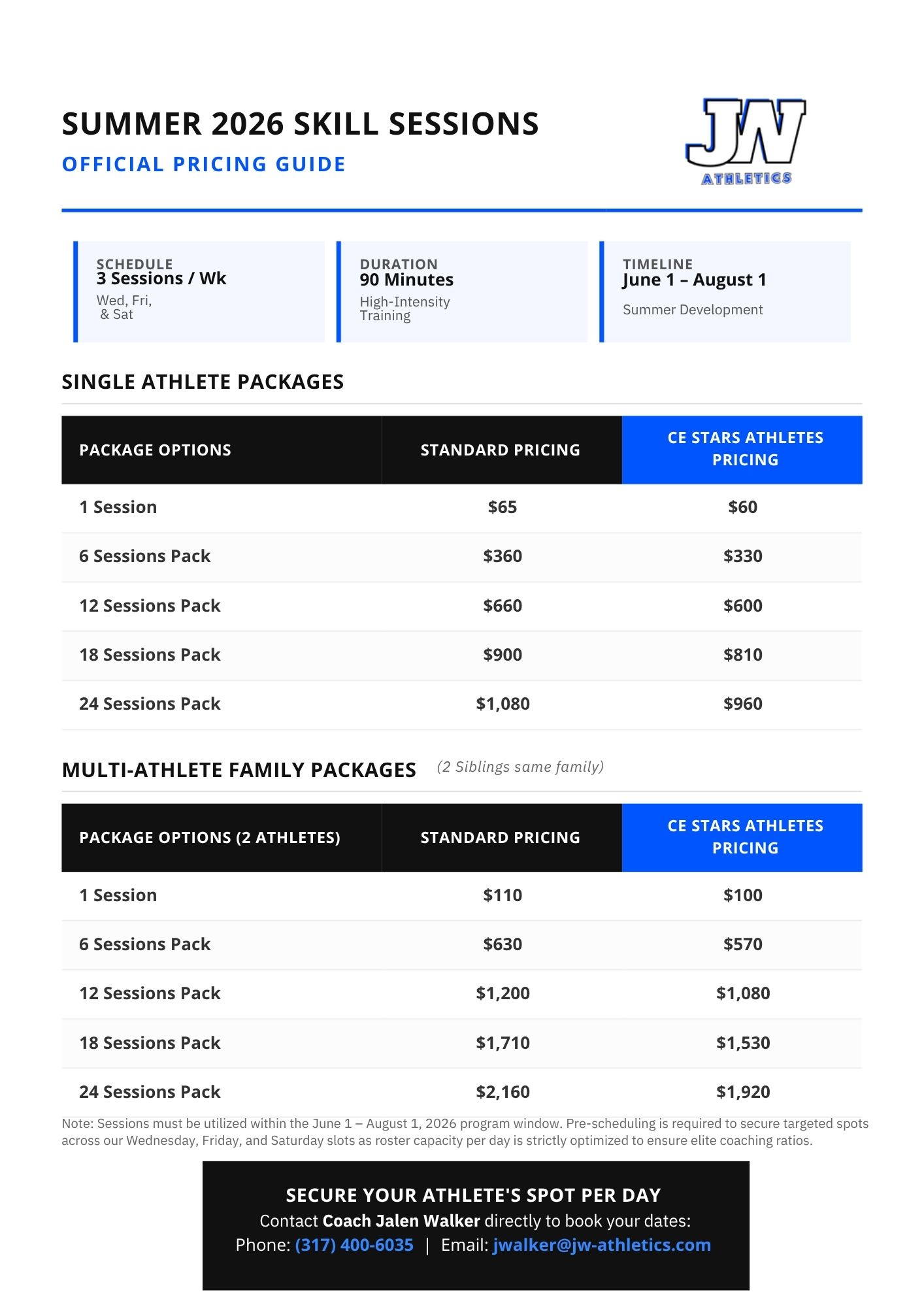 JW Athletics pricing sheet