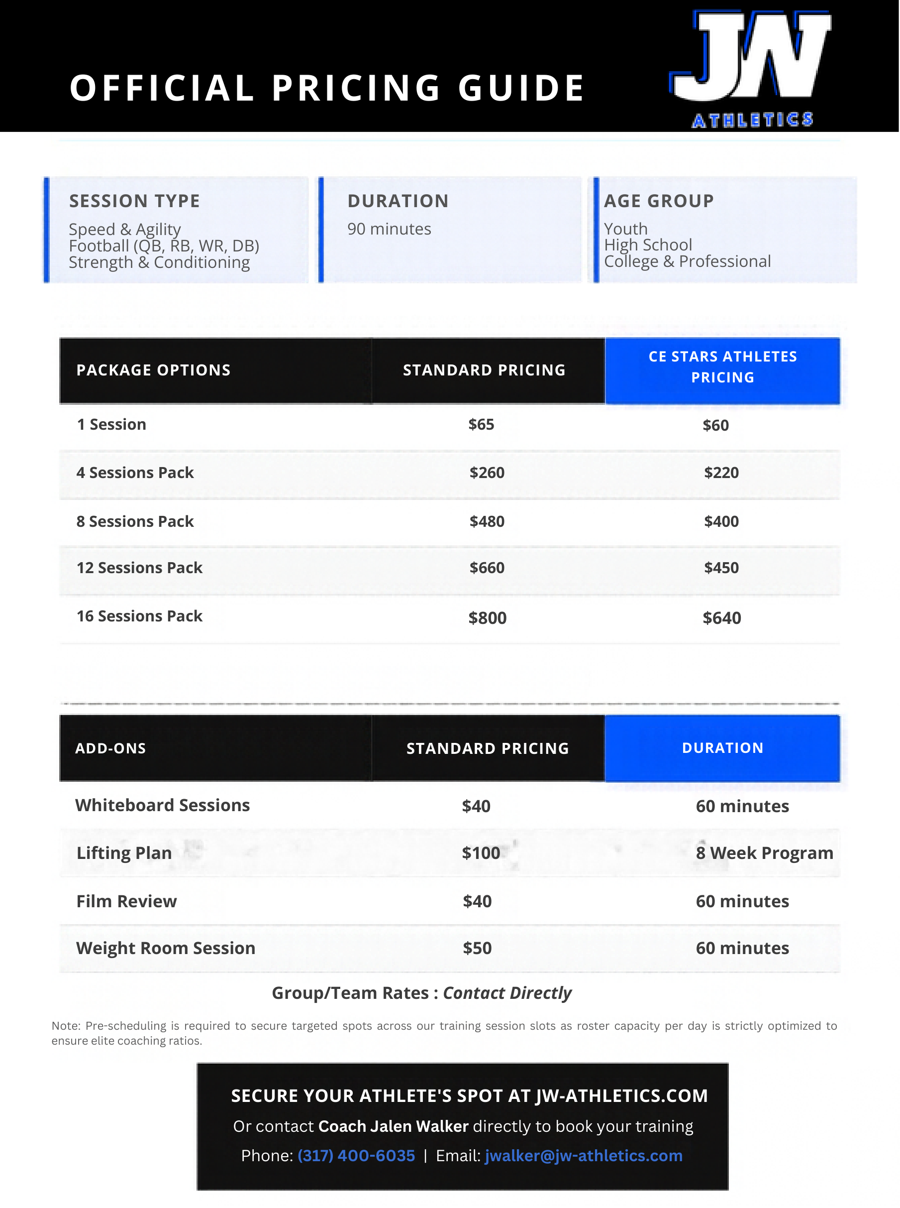 JW Athletics pricing sheet